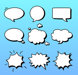 Speech bubbles icons set for comics. Callout clouds cartoon illustrations. Vector illustrations collection. Cartoon words balloons for Comic book