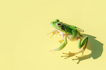  green frog leaping isolated on light pastel yellow background