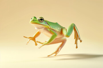  green frog leaping isolated on light pastel yellow background