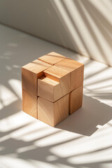 
design of whimsical wooden puzzle cube isolated on background . 
