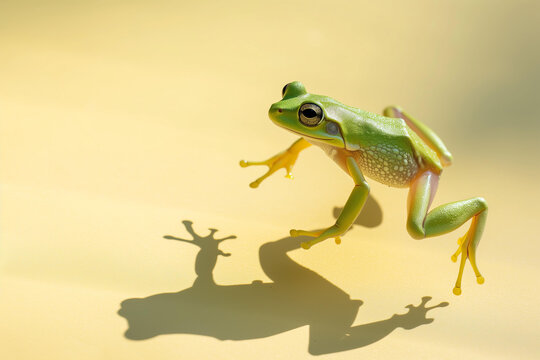  green frog leaping isolated on light pastel yellow background