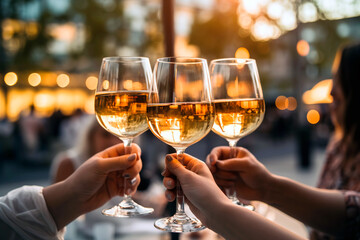 People holding glasses of white wine making a toast	
