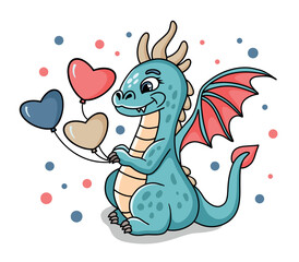 Cute cartoon dragon with heart balloon. Valentines day greeting card. Vector illustration isolated on white background for print, card and poster.