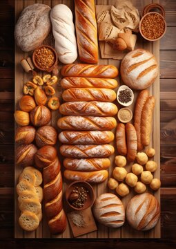 Different types of bread, rolls and pastries, food concept. Generative Ai.