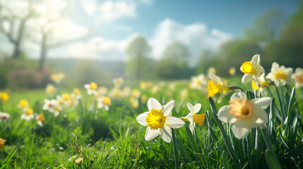 Fototapeta premium Easter Meadow: Spring Background with Daffodils on Sunny Day