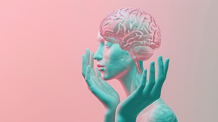 A surreal representation of a human figure with an exposed brain, hands gently framing the face, in soft pastel cyan and pink hues.