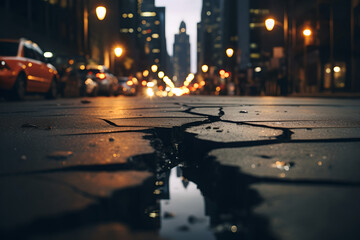 crack in road on the middle of a busy city street that looks like it was broken by an earthquake. background blurry for a busy city street , cars and building , lights,water