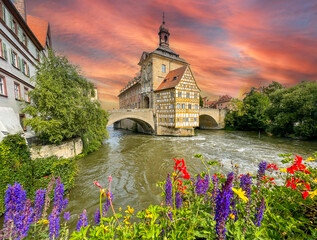 bridge with old town hall over the river in the city of bamberg, bavaria germany