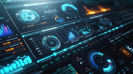 Close-up of an advanced control panel with futuristic data analysis interface, featuring glowing charts and interactive dials in blue and orange hues. - obrazy, fototapety, plakaty
