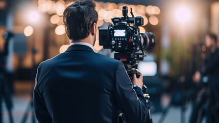 Rear view of a cameraman in a suit operating a professional video camera during an outdoor evening event with bokeh lights. - obrazy, fototapety, plakaty