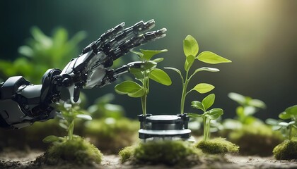 Environmental technology concept, Robot hand holding small plants, Artificial Intelligence and Techn