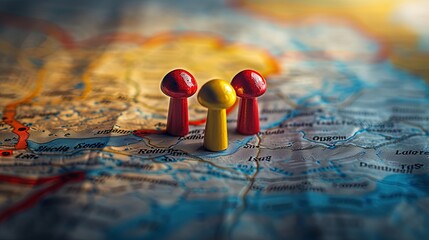 Red and yellow game pawns are used as markers on a geographical map, signifying key locations or strategic planning for travel or game strategy.