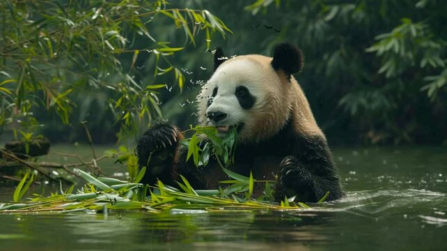 panda looking for food on the river bank. seamless looping time-lapse virtual video Animation Background.