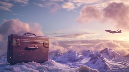 A vintage suitcase sits in the snow with a backdrop of majestic snowy mountains as an airplane flies overhead in the soft glow of sunset.