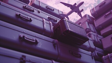 An airplane flies close above an imposing mountain of suitcases under a moody purple sky, creating a sense of travel anticipation.