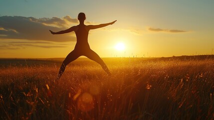 A person in a yoga pose is silhouetted against the rising sun over a golden field, capturing a moment of peace and meditation.