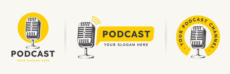 set vintage Microphone radio podcast logo design
