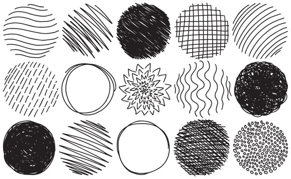 Set of hand drawn scribble circles, ovals, ellipses sketch vector. Marker scratch line circles curve doodle frame. Ink circles round zigzag. Pencil or pen orbiting graffiti bubble or ball draft vector
