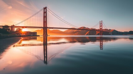 Bridge captured at sunrise, its iconic red structure reflected in the calm waters below, with the sun peeking through its towers.