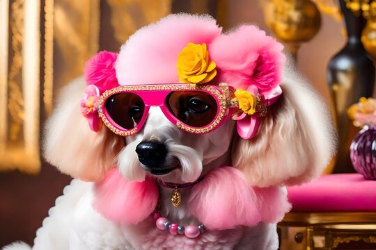 Imagine an AI-generated vision unveiling the delightful elegance of a poodle dog adorned with pink and yellow sunglasses, reminiscent of eye-catching resin jewelry.