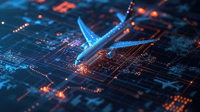 A conceptual digital artwork depicting an airplane integrated with a glowing circuit board, symbolizing advanced aviation technology.