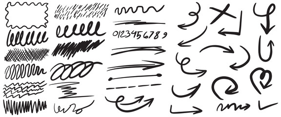 Charcoal scribble lines stripe, scribble arrows icons, hand drawn numbers, scribble rectangle. Chalk or marker doodle bold shapes rouge scratch waves in marker sketch style. Doodle arrow sketch signs