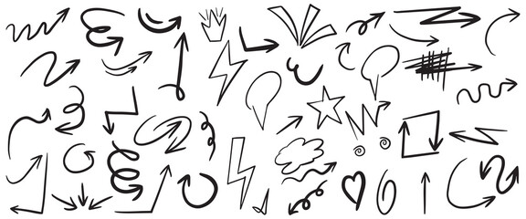 Chalk marker pen liner scribble stripes, graphic box, arrows, star, circle, crown, speech bubble, cloud, highlight, explosion.Pencil sketches of decorative icons. School children's doodle elements set