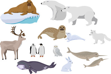 Obraz premium Arctic creature cartoon on blue background. Polar animals. Vector collection of polar animals and birds, including polar bear, seal, walrus, polar fox, reindeer, penguin.
