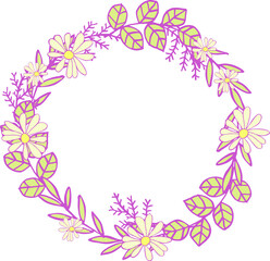 Wreath (composition) of isolated cute botanical elements with a lilac outline on a white background. Digital illustration in flat style, suitable for scrapbooking, branding, social media, print.