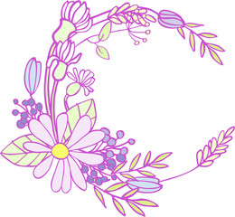 Wreath (composition) of isolated cute botanical elements with a lilac outline on a white background. Digital illustration in flat style, suitable for scrapbooking, branding, social media, print.