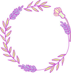 Fototapeta na wymiar Wreath (composition) of isolated cute botanical elements with a lilac outline on a white background. Digital illustration in flat style, suitable for scrapbooking, branding, social media, print.
