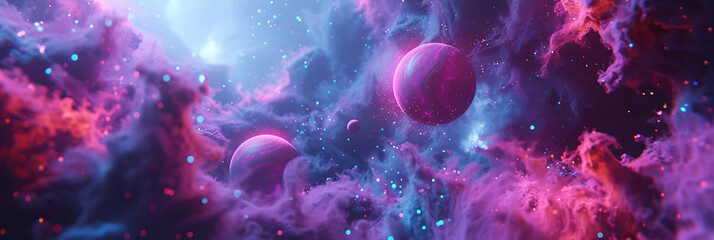 3D render A celestial ballet of holographic planets swirling in a neon nebula