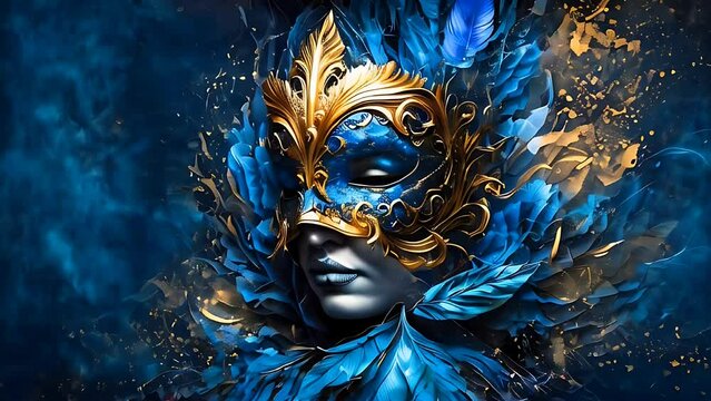 Luxury blue carnival mask with feathers and gold elements