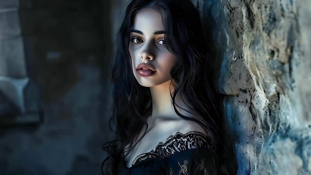 A young woman dressed in black in a room of an old castle, gothic atmosphere