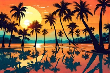Fototapeta na wymiar Vector illustration of two palms on tropical sunset