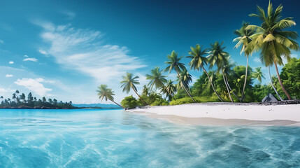 coco palms wide panorama with white sand background, beautiful tropical beach banner concept