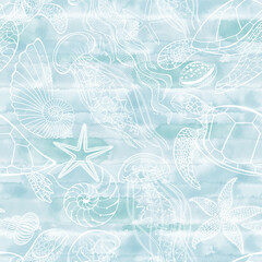 Sea creatures. Art seamless pattern on the marine theme with turtles, jellyfish, starfish, seashells on blue watercolor background. Vector. Perfect for design templates, wallpaper, wrapping, fabric