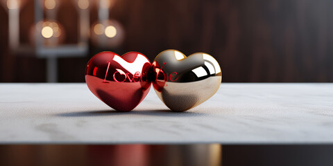 Two red beautiful hearts on wooden background valentine day,
