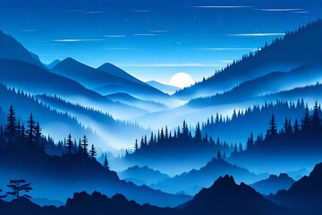 Vector illustration of beautiful dark blue mountain landscape with fog and forest. sunrise and sunset in mountains