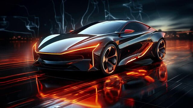 Beautiful modern car, night driving through the city, graphic design. Loop Animation.