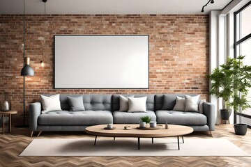 Mock up modern living room with large comfortable sofa and brick wall background