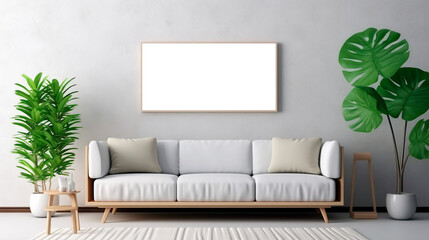 Modern living room interior with white sofa and blank picture frame
