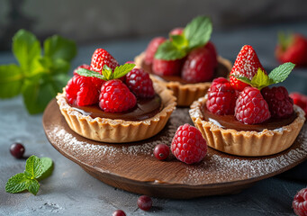 Tart Perfection - Strawberry and Raspberry Delights, Chocolate-filled tarts crowned with fresh strawberries and raspberries on a wooden serving plate, dusted with icing sugar. - obrazy, fototapety, plakaty