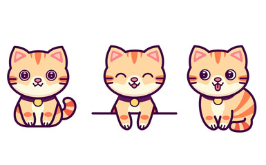 Cute cats vector set. Kawaii at or fluffy kitten character, different poses on white background. Design illustration for sticker, comic, fabric, wallpaper, wrapping paper, textile, t-shirt print.
