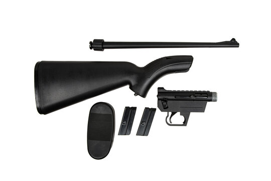Small-bore bolt rifle in a plastic stock of .22lr. Small rifled weapon for hunting and sports. Isolate on a white back.