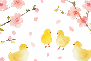 桜とひよこ、水彩イラスト、春 © keisuke