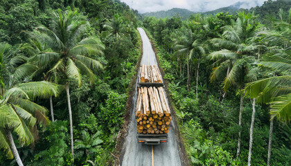 Lorry with trailer transport logs of wood from tropical forest, deforestation concept