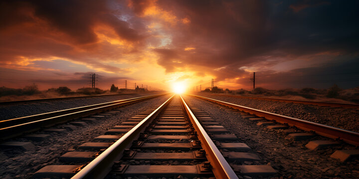 Freight trains passing through a rail yard, A train is going through a tunnel with the sun setting behind it.
