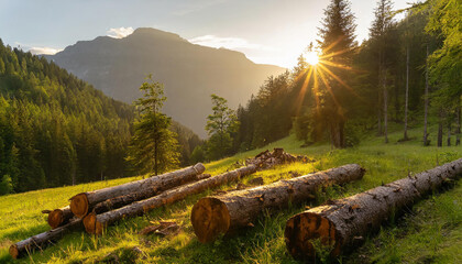 Wood logs on meadow with mountains in background at sunset - obrazy, fototapety, plakaty