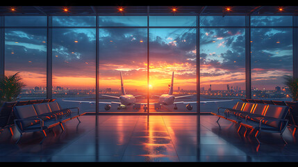 waiting room at the airport with a plane taking off in the background - obrazy, fototapety, plakaty